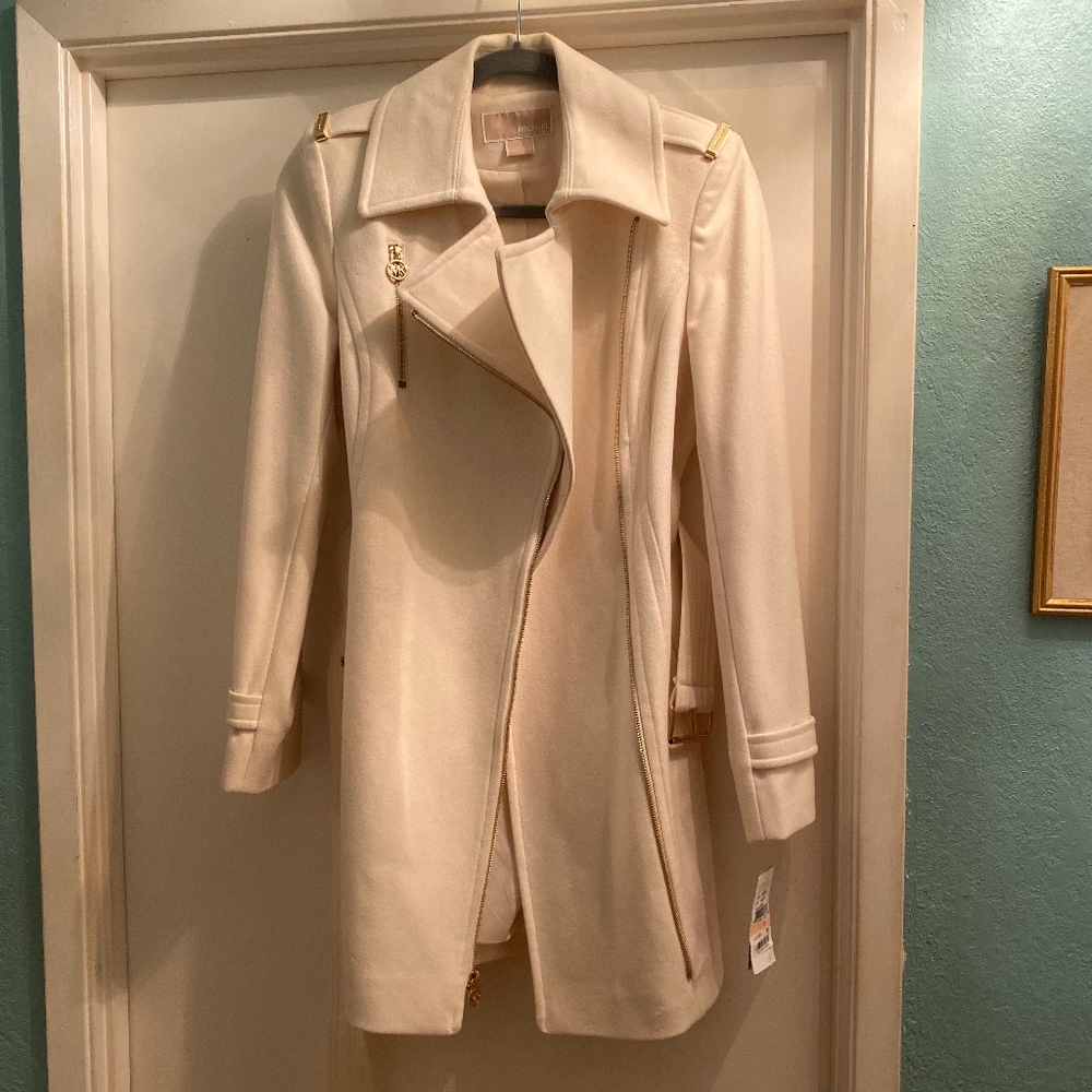 Michael Kors cream asymmetrical belted wool coat